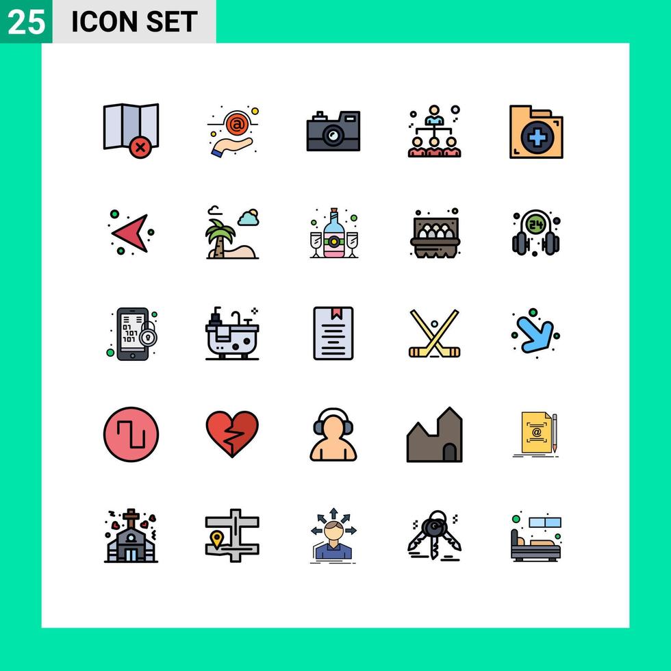25 användare gränssnitt fylld linje platt Färg packa av modern tecken och symboler av väska dela med sig kamera människor företag redigerbar vektor design element