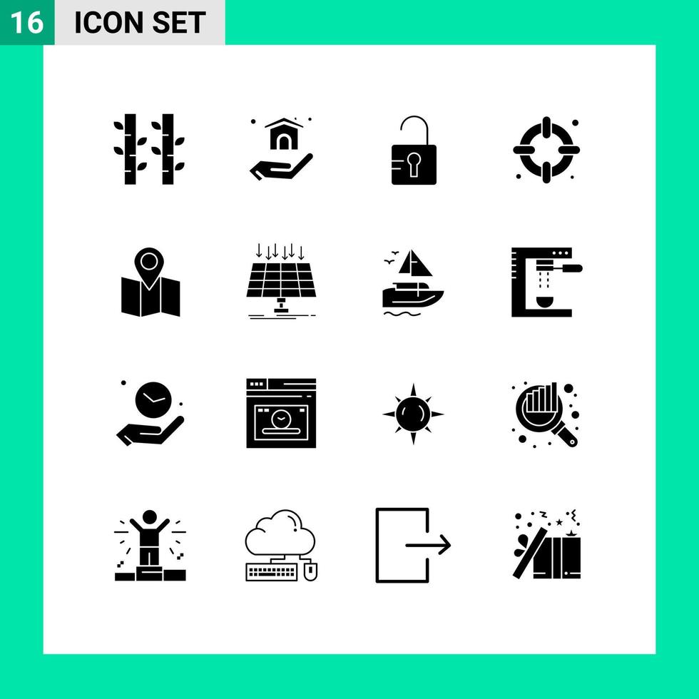 Stock Vector Icon Pack mit 16 Linienzeichen und Symbolen für Panel-Zeiger-Studienkarte Rettungsring editierbare Vektordesign-Elemente