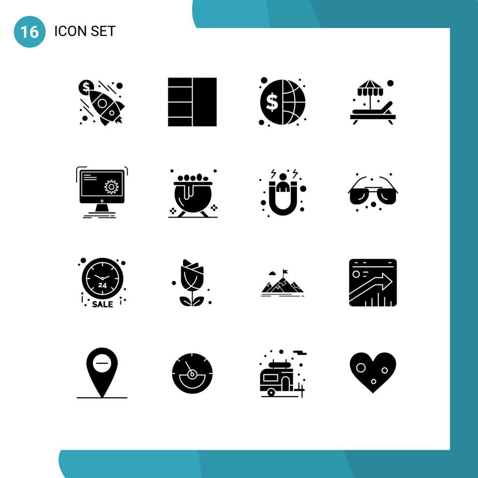 moderner Satz von 16 soliden Glyphen-Piktogrammen von Prozesscomputer-Investitionsbefehlsparadiesen editierbaren Vektordesign-Elementen vektor