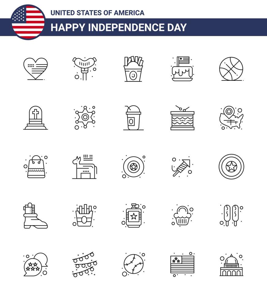 uppsättning av 25 USA dag ikoner amerikan symboler oberoende dag tecken för boll USA snabbmat fest kaka redigerbar USA dag vektor design element