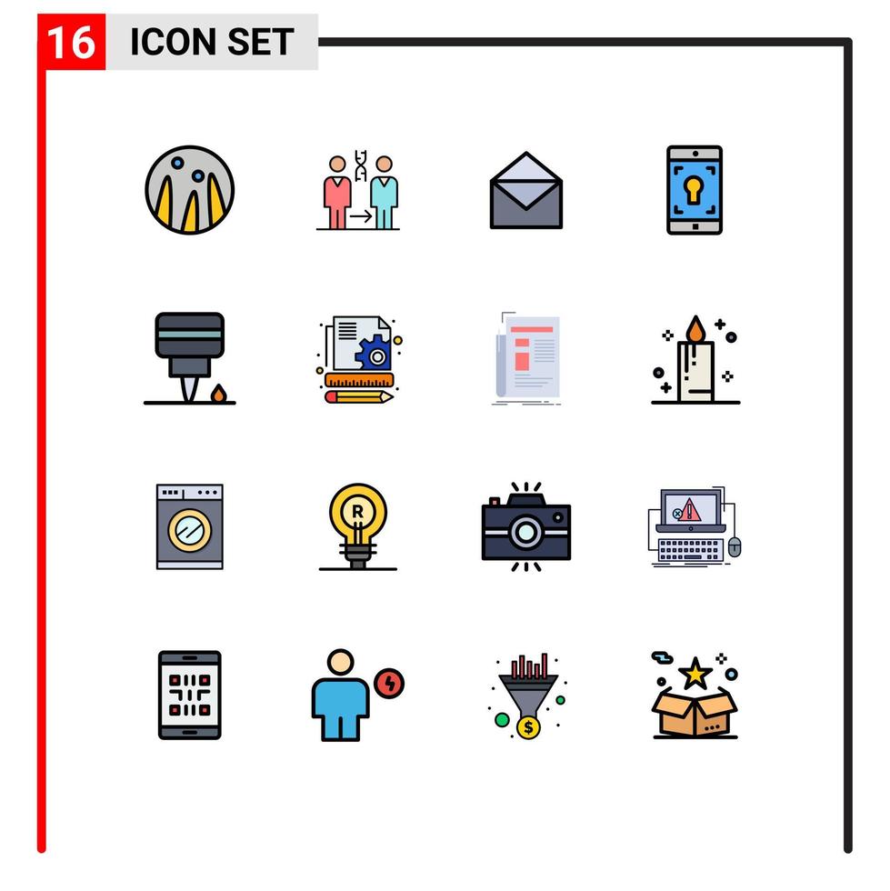 Gruppe von 16 flachen, farbgefüllten Linien Zeichen und Symbole für mechanische Bildschirm-E-Mail-Anwendungen für mobile Anwendungen, editierbare kreative Vektordesign-Elemente vektor