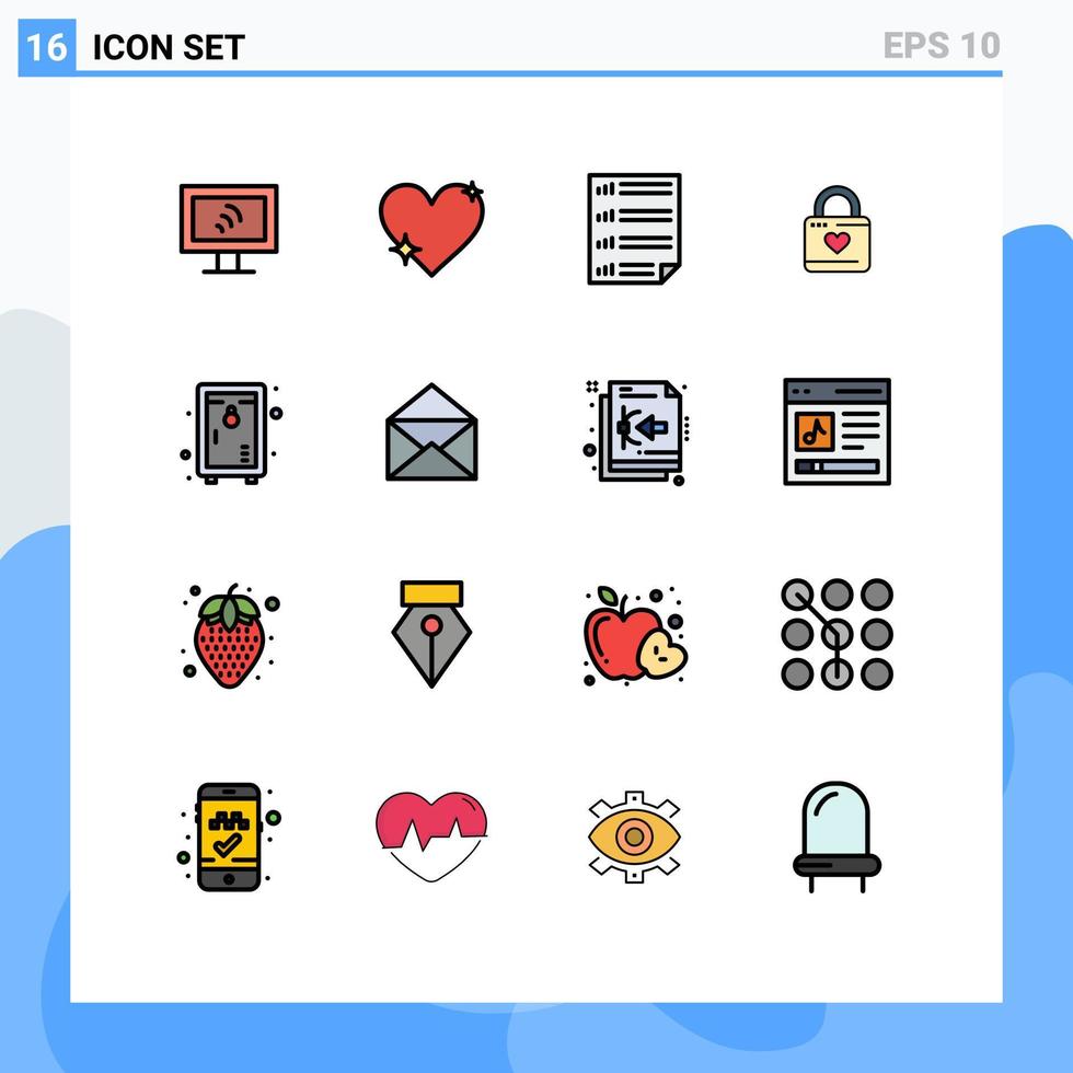 packa av 16 modern platt Färg fylld rader tecken och symboler för webb skriva ut media sådan som hjärta låsa hjärta barer skåp sida redigerbar kreativ vektor design element