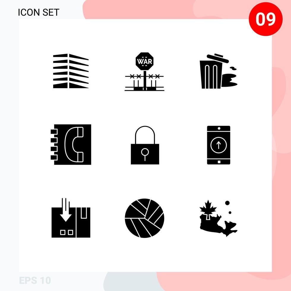 fast glyf packa av 9 universell symboler av kontakter kommunikation ockupation bok förorening redigerbar vektor design element