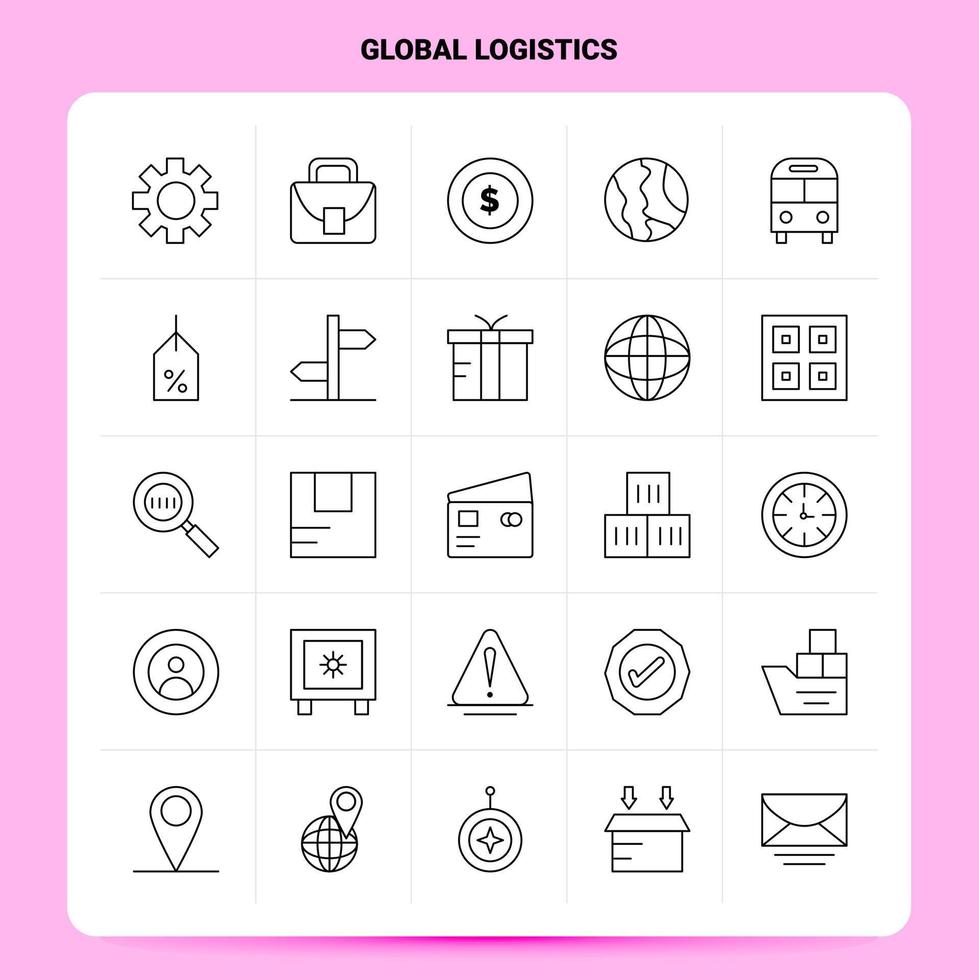 översikt 25 global logistik ikon uppsättning vektor linje stil design svart ikoner uppsättning linjär piktogram packa webb och mobil företag idéer design vektor illustration