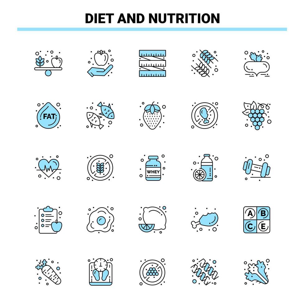 25 Diät und Ernährung Schwarz-Blau-Icon-Set kreatives Icon-Design und Logo-Vorlage kreativer schwarzer Icon-Vektor-Hintergrund vektor