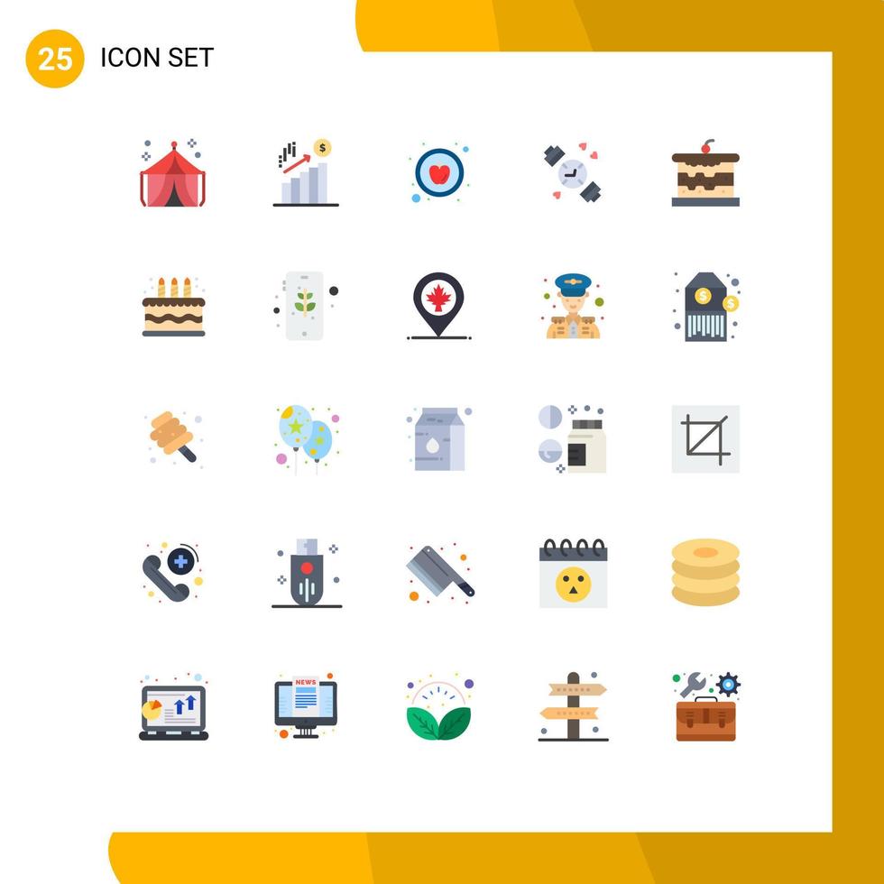 moderner Satz von 25 flachen Farben und Symbolen wie Lebensmittel Brot Apfel Bäckerei Handuhr editierbare Vektordesign-Elemente vektor