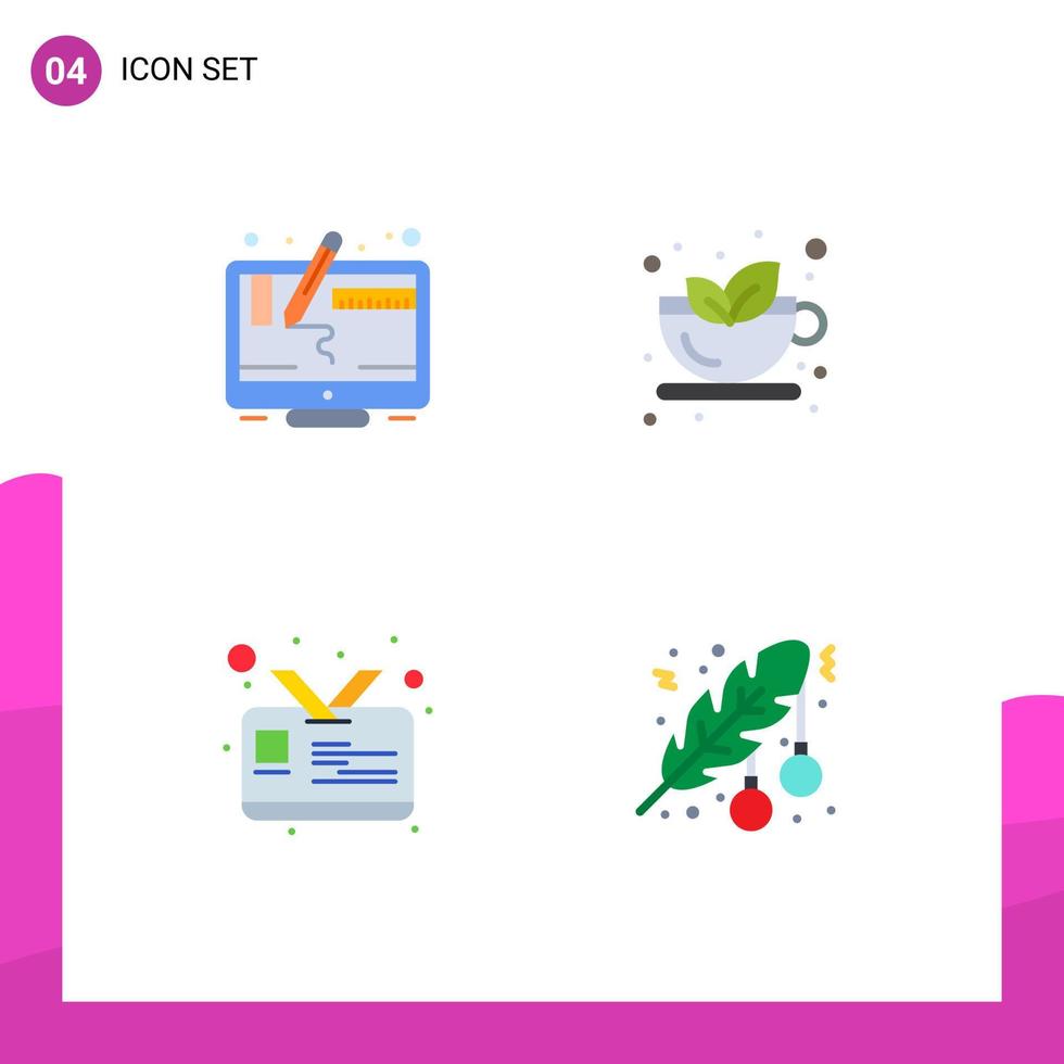 moderner Satz von 4 flachen Symbolen Piktogramm von Computer-ID-Bildschirm Teekugel editierbare Vektordesign-Elemente vektor