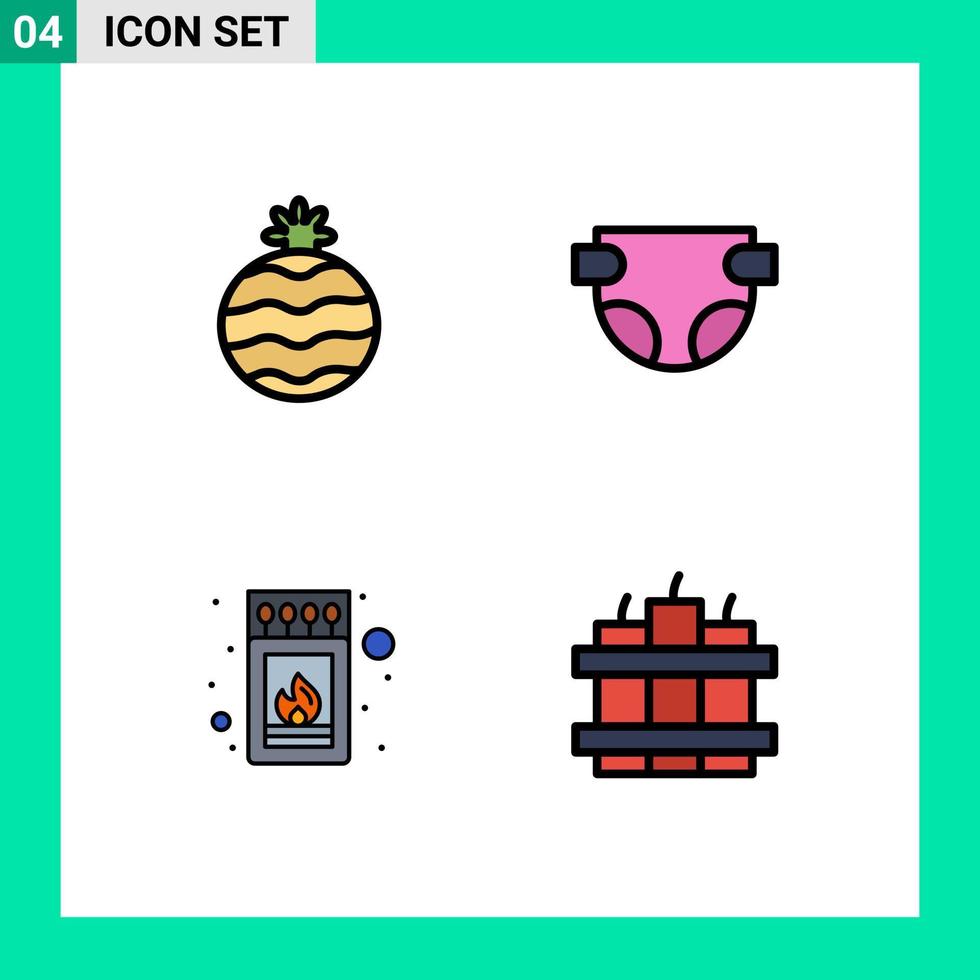 Gruppe von 4 gefüllten flachen Farbzeichen und Symbolen für Obstbomben-Windel-Feuer-Timer editierbare Vektordesign-Elemente vektor