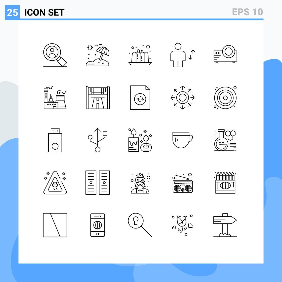 Piktogrammsatz aus 25 einfachen Linien von Multimedia-Filmgelee-Projektor menschliche editierbare Vektordesign-Elemente vektor
