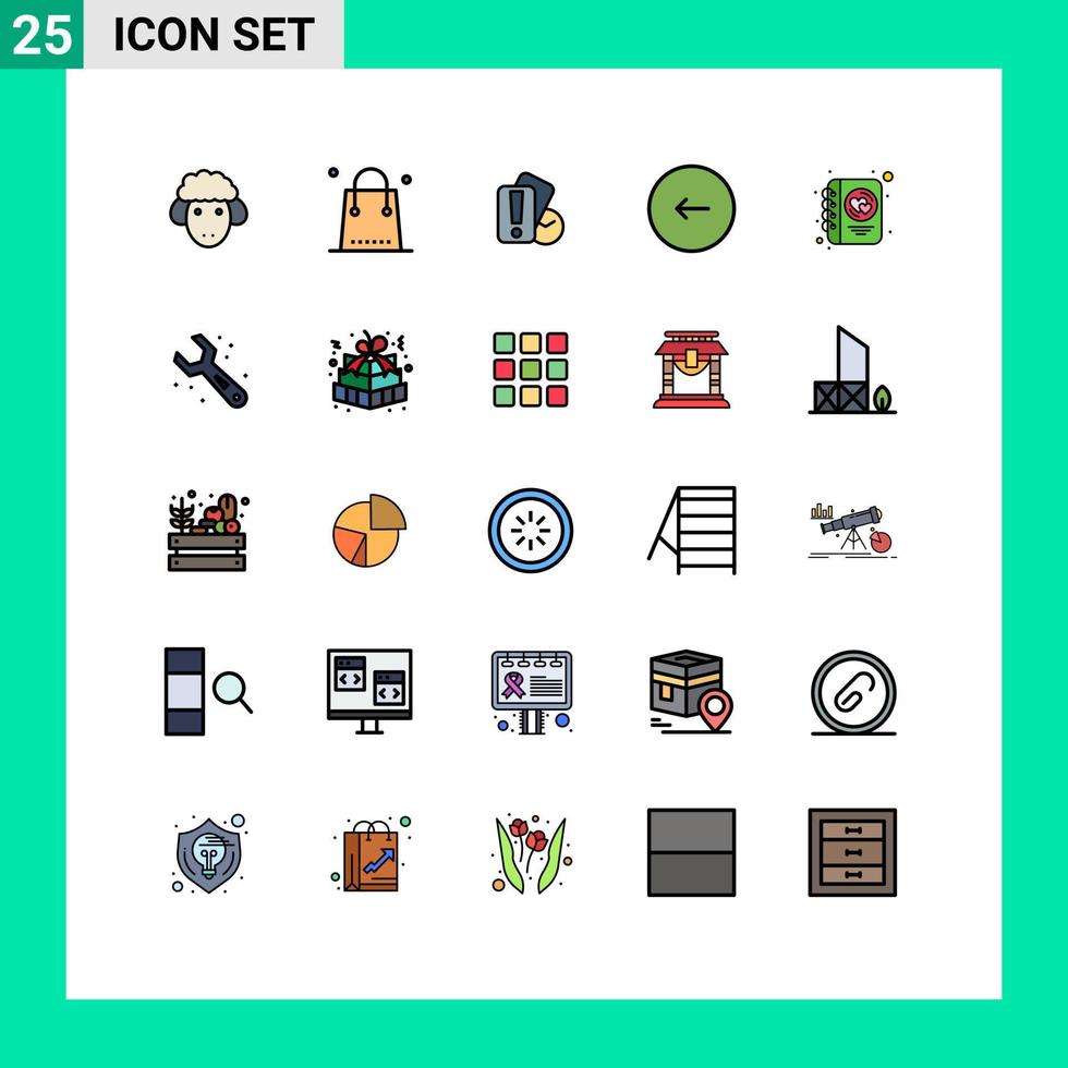 universelle Symbolsymbole Gruppe von 25 modernen gefüllten Linien flache Farben von Stopp-Multimedia-Shopping-Schaltflächen Schiedsrichter editierbare Vektordesign-Elemente vektor