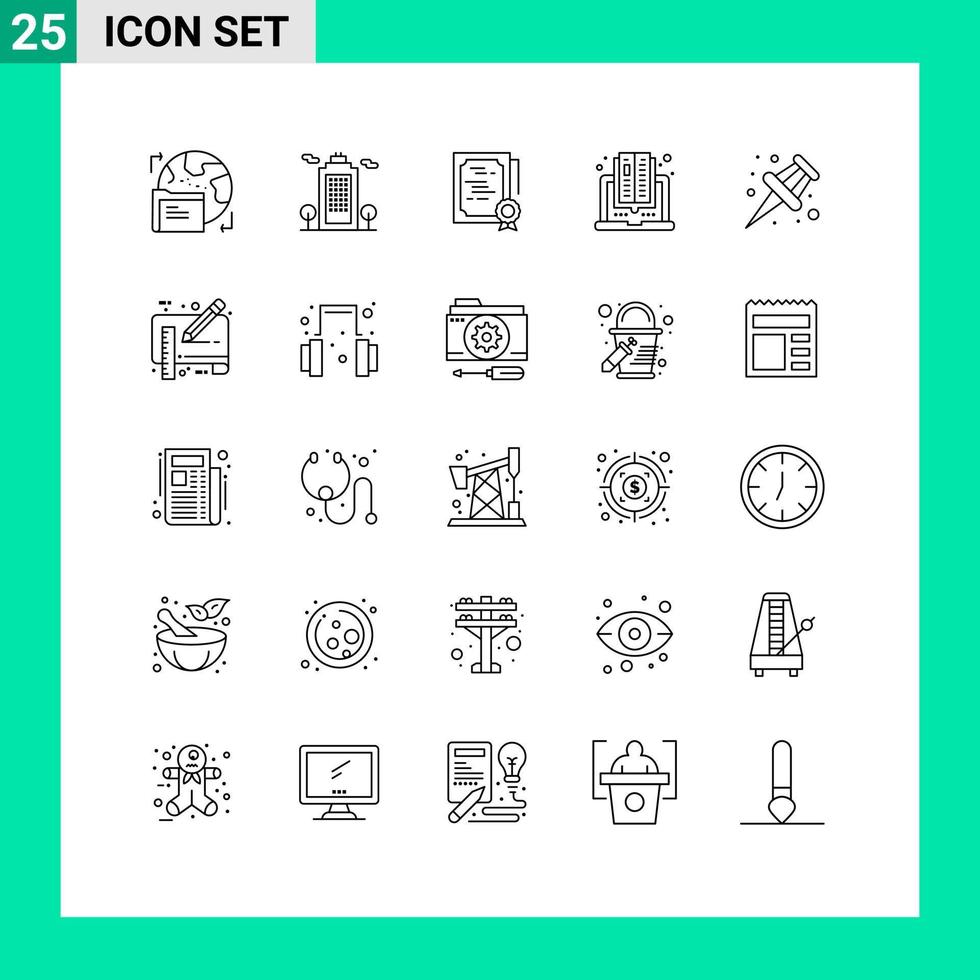 universelle Symbolsymbole Gruppe von 25 modernen Linien von Markern Online-Zertifikat Computerdiplom editierbare Vektordesign-Elemente vektor