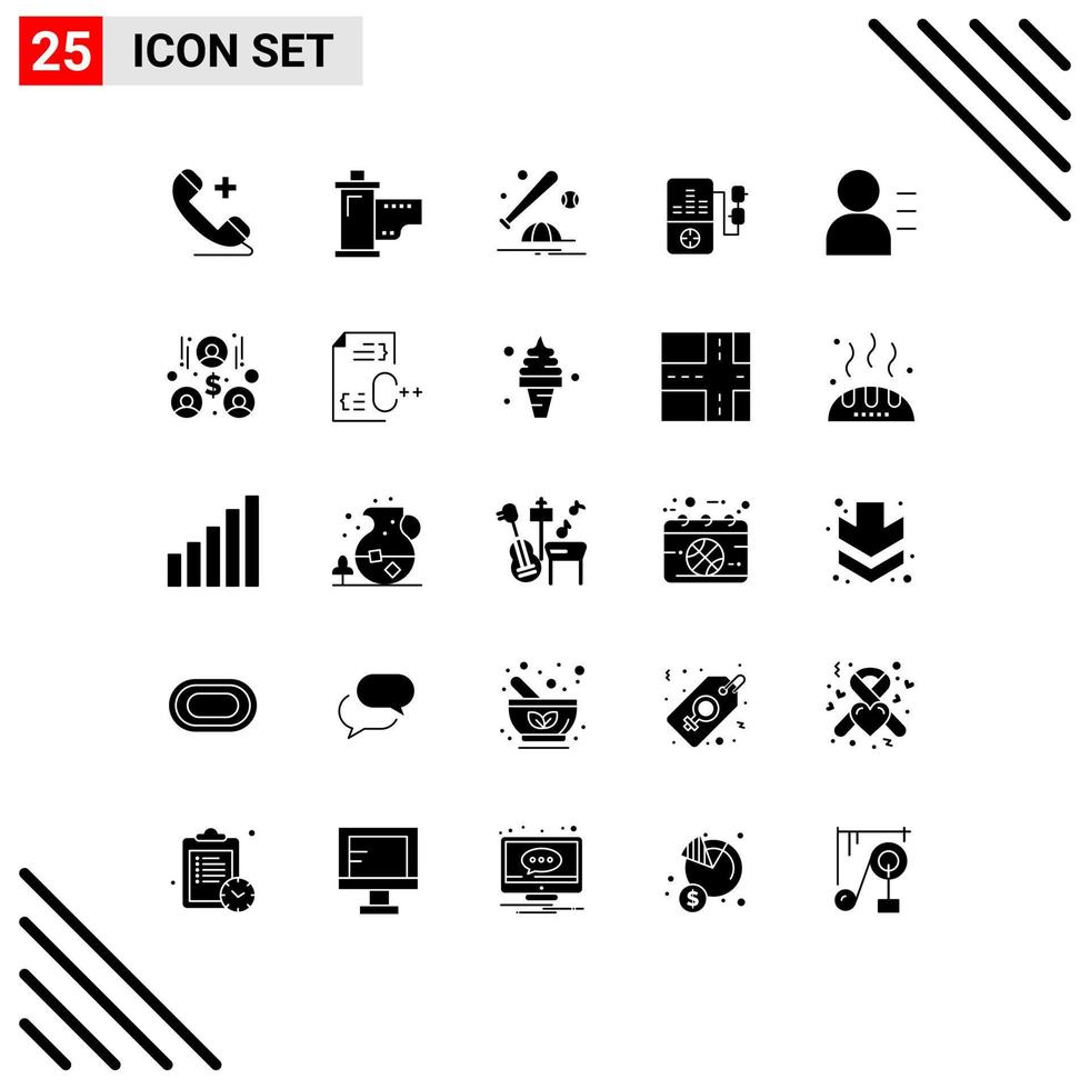 Solides Glyphenpaket mit 25 universellen Symbolen für Bildung, Filmmusik, Kappe, editierbare Vektordesign-Elemente vektor