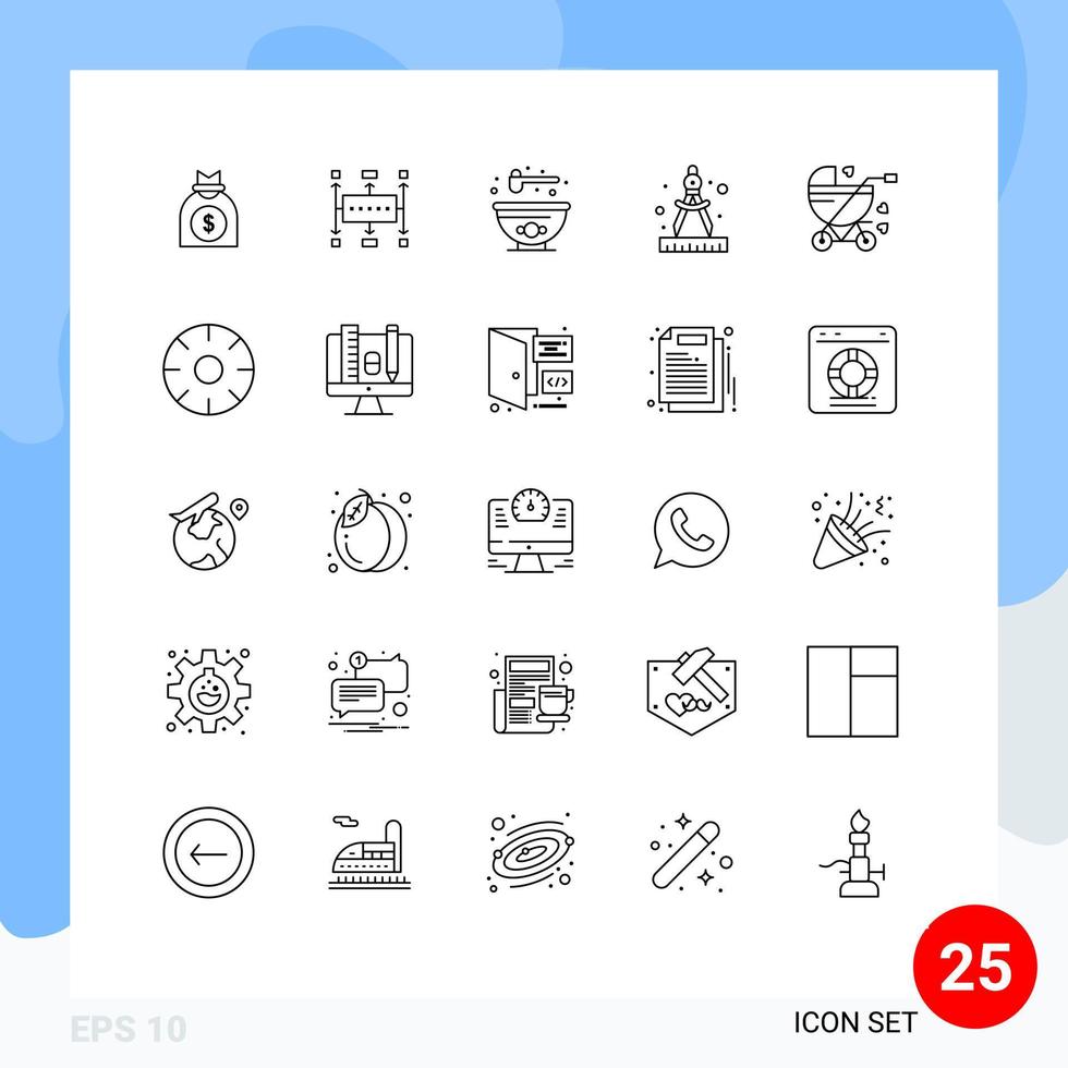 25 universelle Linien für Web- und mobile Anwendungen Buggy Kinderwagen Planung Farbkompass editierbare Vektordesign-Elemente vektor
