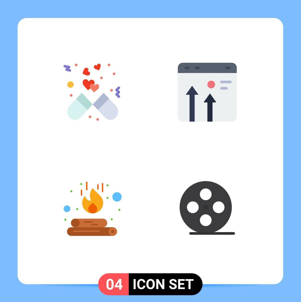 Packung mit 4 modernen flachen Symbolen, Zeichen und Symbolen für Web-Printmedien wie Kapselwachstum, Liebesbrowser, Lagerfeuer, editierbare Vektordesign-Elemente vektor