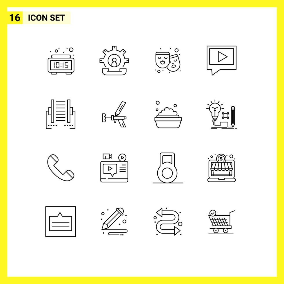 Gliederungssatz für mobile Schnittstellen mit 16 Piktogrammen von bearbeitbaren Vektordesignelementen für den Verbindungs-Mail-Prozess-Chat-Film vektor