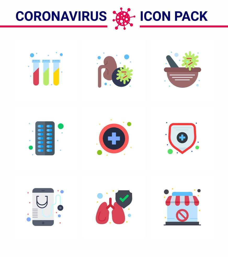 Das flache Farbsymbol von Coronavirus 9 zum Thema Koronaepidemie enthält Symbole wie medizinische Pillenmedizin, medizinisches Antivirus, virales Coronavirus 2019nov-Krankheitsvektor-Designelemente vektor