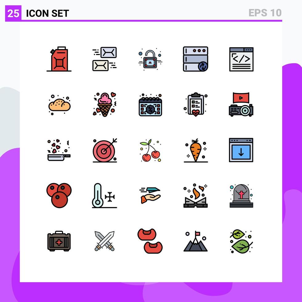 redigerbar vektor linje packa av 25 enkel fylld linje platt färger av webb design kodning låsa browser server redigerbar vektor design element