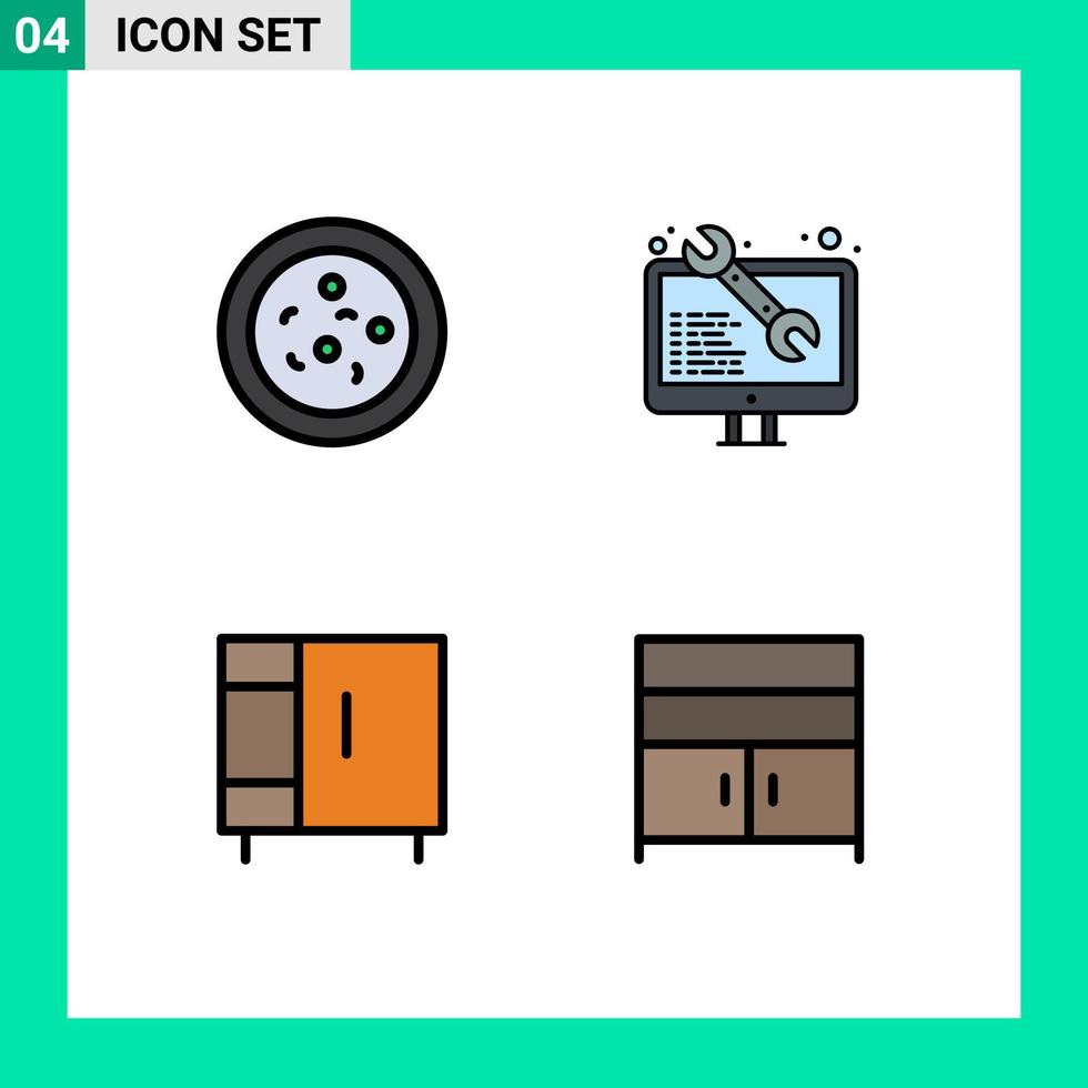 uppsättning av 4 vektor fylld linje platt färger på rutnät för bakterie garderob programvara möbel skåp redigerbar vektor design element