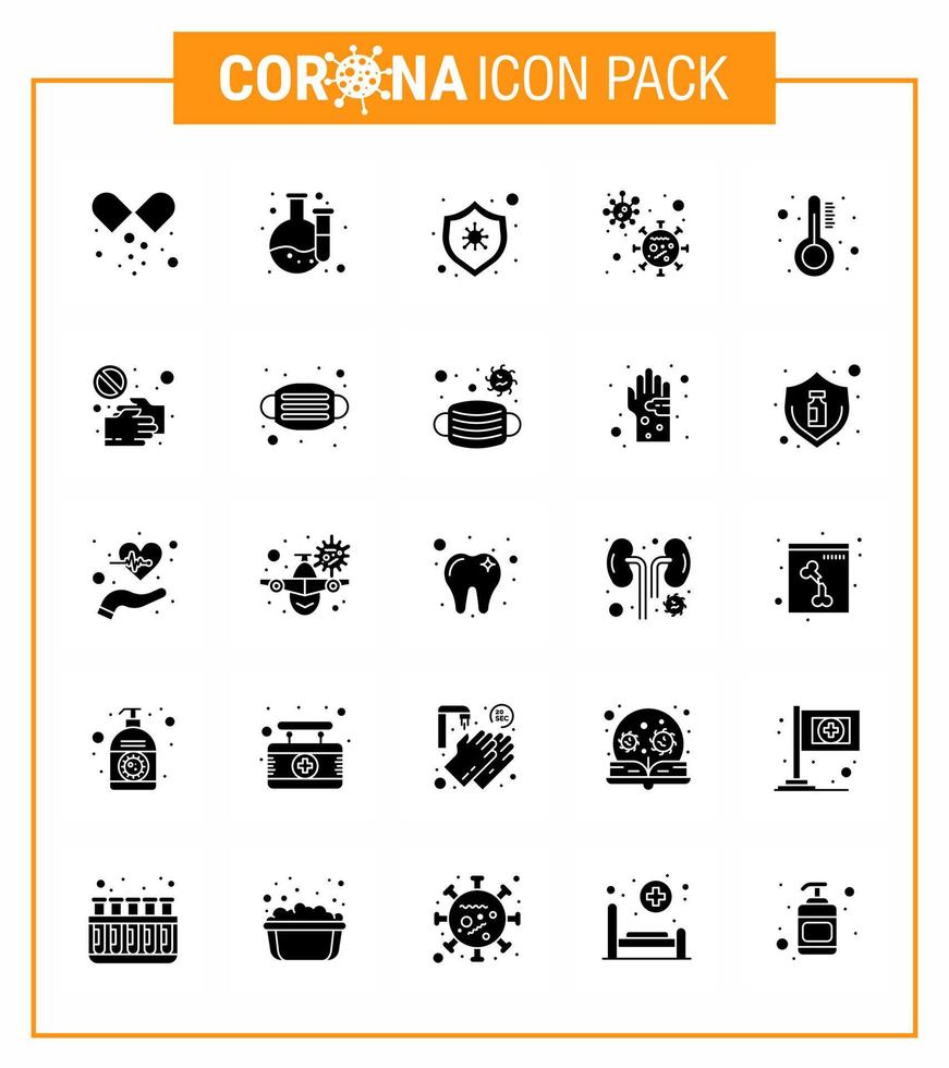 25 solide Glyphen-Coronavirus-Epidemie-Icon-Pack saugen als Temperatur-Gesundheitsschutz-Coronavirus-Viren-Coronavirus-2019nov-Krankheitsvektor-Designelemente vektor