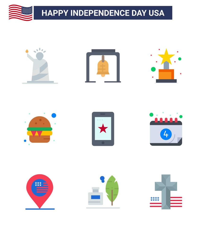 9 USA platt packa av oberoende dag tecken och symboler av telefon måltid kyrka klocka mat burger redigerbar USA dag vektor design element