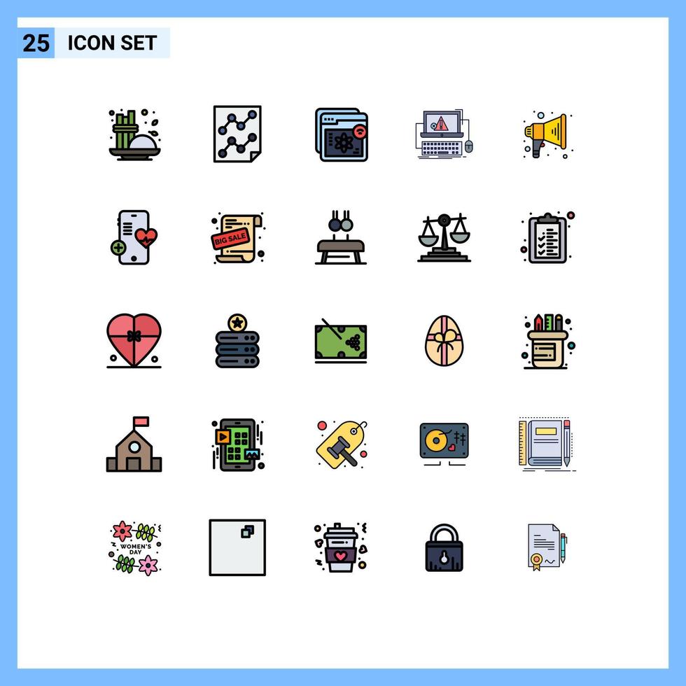 gruppe von 25 modernen gefüllten linienflachfarben eingestellt für fehlercomputerbericht lernen lernen editierbare vektordesignelemente vektor