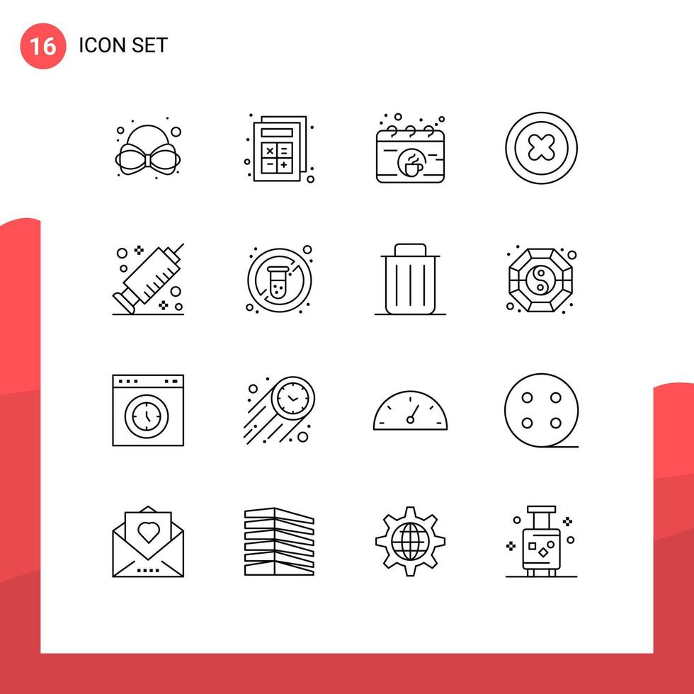 Stock Vector Icon Pack mit 16 Zeilenzeichen und Symbolen für Diätspritzenpausenmedizin editierbare Vektordesign-Elemente entfernen