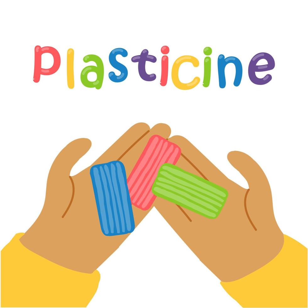 vektor bild. barns händer håll färgad plasticine. modellering från färgad lera, förskolebarn.