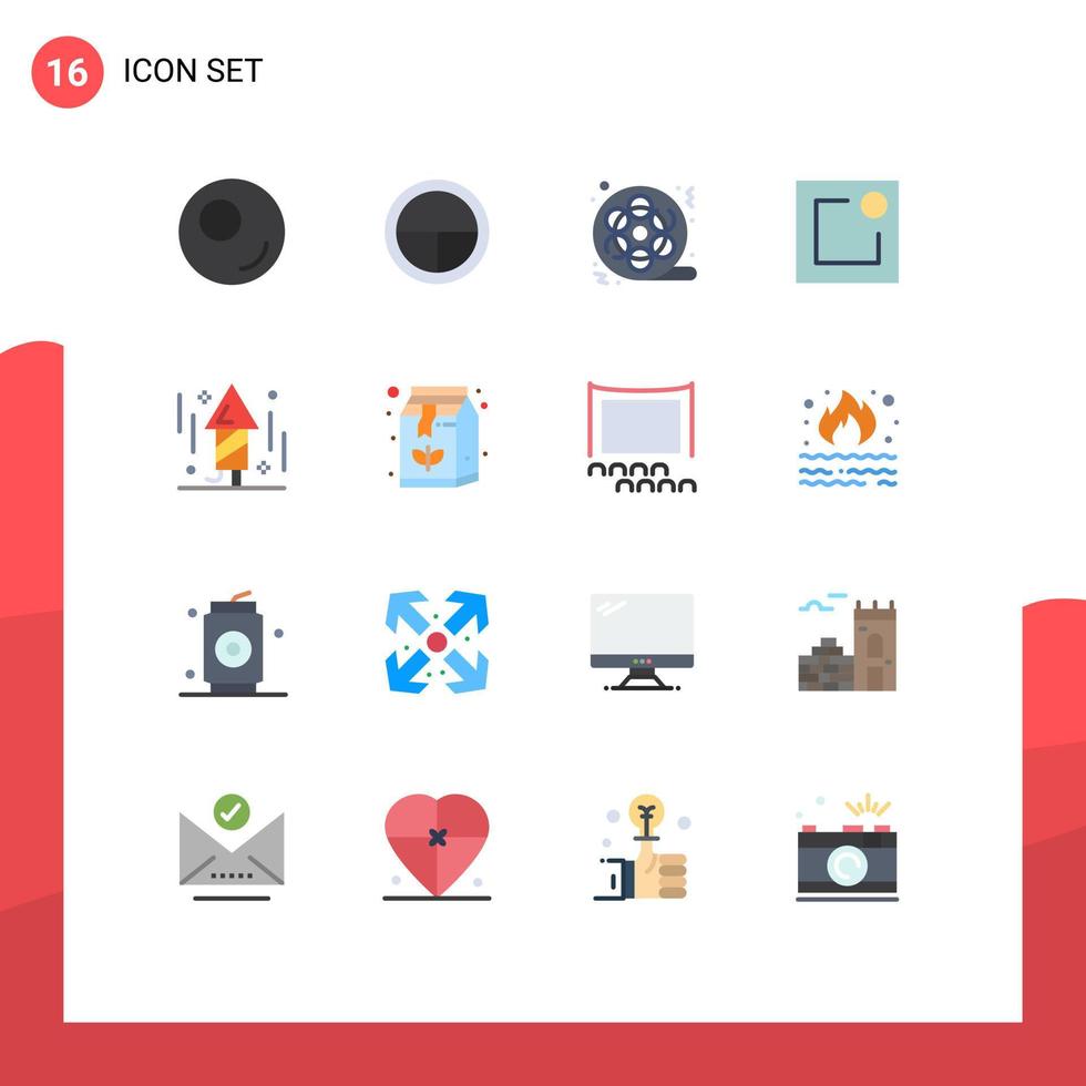 16 platt Färg begrepp för webbplatser mobil och appar raket fyrverkeri bio firande lägga märke till redigerbar packa av kreativ vektor design element