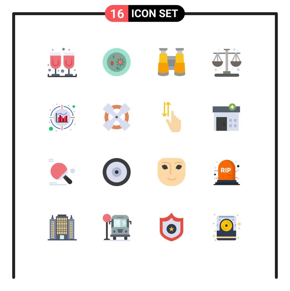Piktogrammsatz aus 16 einfachen flachen Farben von Informationsanalyse-Ferngläsern Balance-Management editierbares Paket kreativer Vektordesign-Elemente vektor