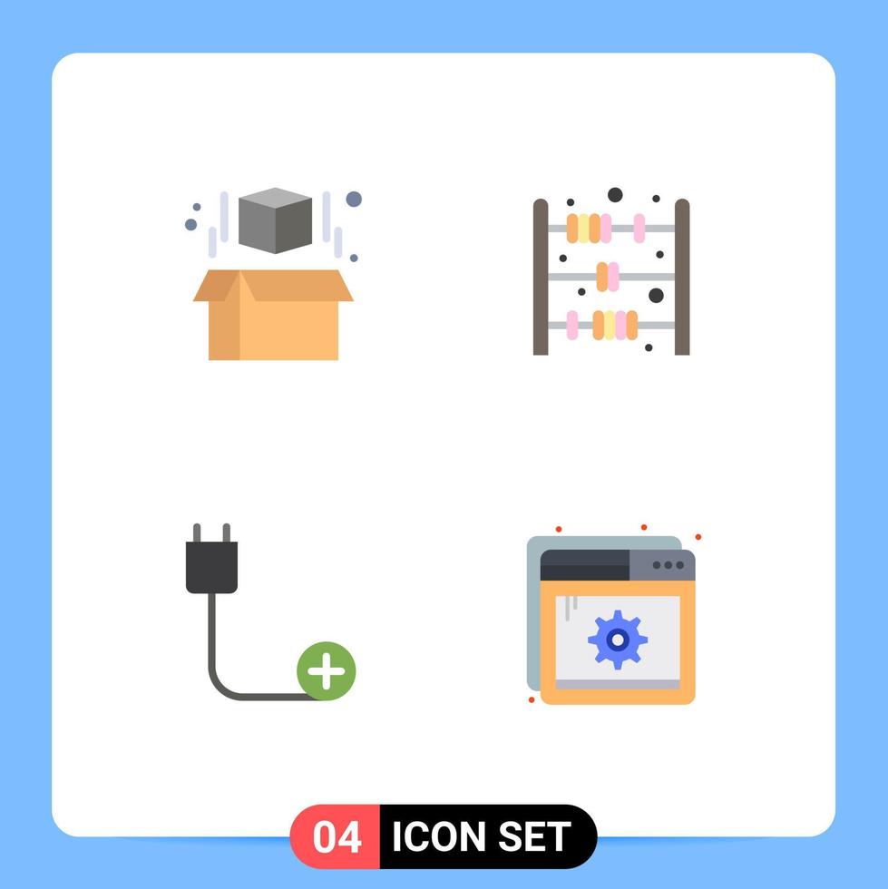 moderner Satz von 4 flachen Symbolen und Symbolen wie Box-Geräten, Abakus-Spielzeug, fügen Hilfe editierbare Vektordesign-Elemente hinzu vektor