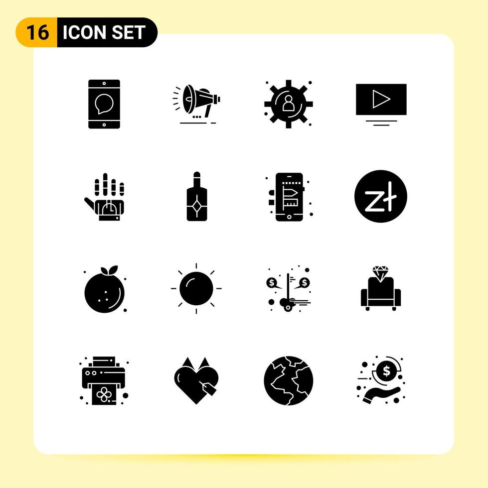 mobile schnittstelle solider glyphensatz von 16 piktogrammen von handverfolgungsankündigung youtube-video editierbare vektordesignelemente vektor