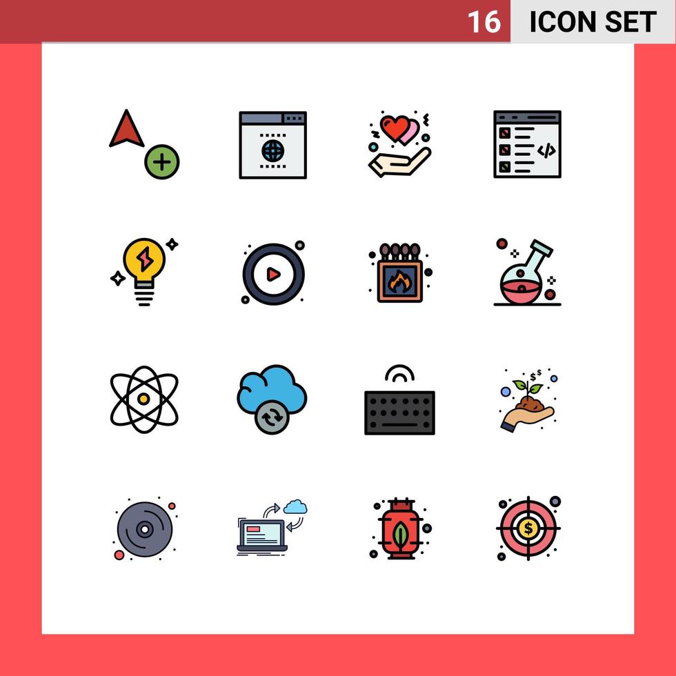 16 universelle, flache, farbig gefüllte Linienzeichen Symbole der Handliste der Glühbirne entwickeln bearbeitbare kreative Vektordesign-Elemente vektor