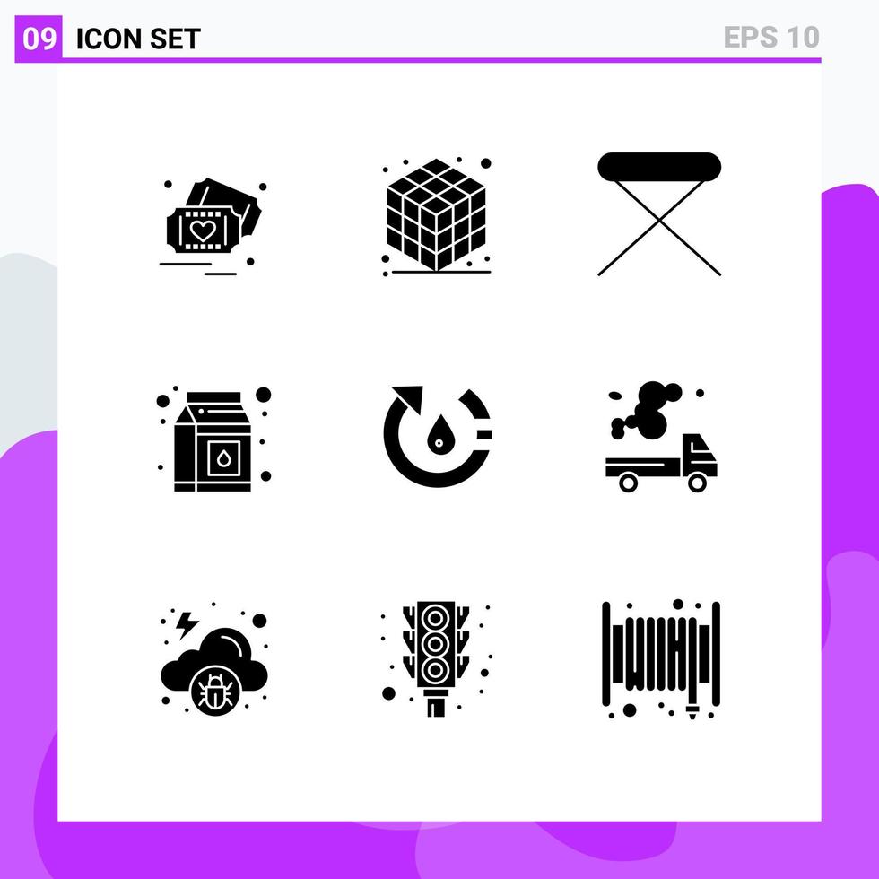 9 fast glyf begrepp för webbplatser mobil och appar miljö släppa möbel packa mjölk redigerbar vektor design element