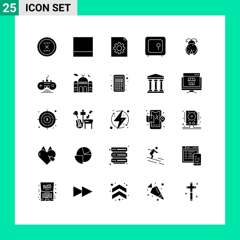 Gruppe von 25 modernen soliden Glyphen, die für die Sicherheit von Marienkäferfehlern festgelegt wurden, Gold editierbare Vektordesign-Elemente vektor