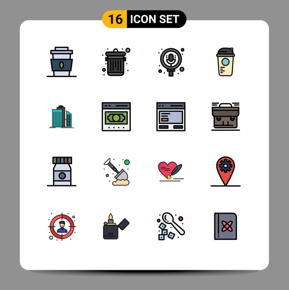 Stock-Vektor-Icon-Pack mit 16 Zeilenzeichen und Symbolen für Wolkenkratzer-Sportsuche-Erholungsflasche editierbare kreative Vektordesign-Elemente vektor