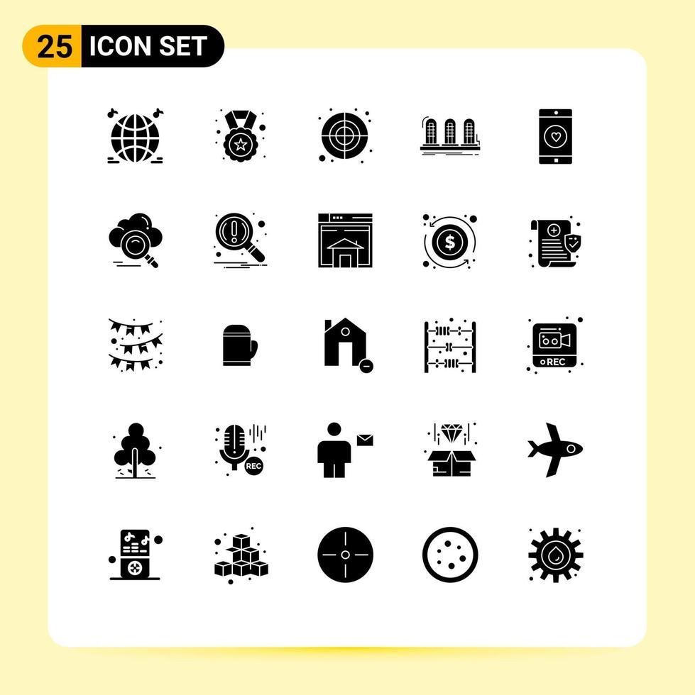 Gruppe von 25 modernen soliden Glyphen, die für mobile Röhren-Rundton-Analog-editierbare Vektordesign-Elemente festgelegt sind vektor
