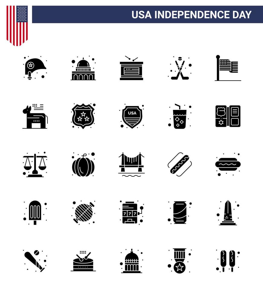 Lycklig oberoende dag USA packa av 25 kreativ fast glyf av flagga sport trumma is amerikan redigerbar USA dag vektor design element