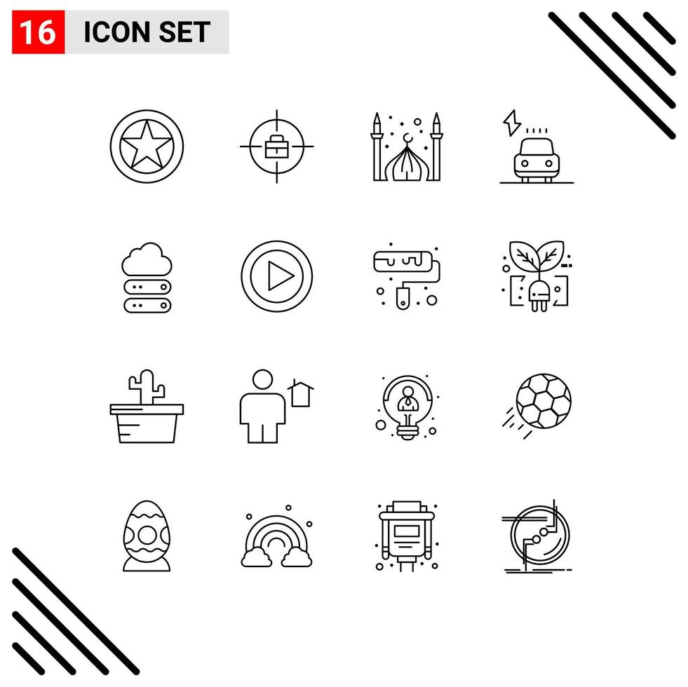 Stock Vector Icon Pack mit 16 Zeilen Zeichen und Symbolen für große elektrische Moschee laden eid editierbare Vektordesign-Elemente