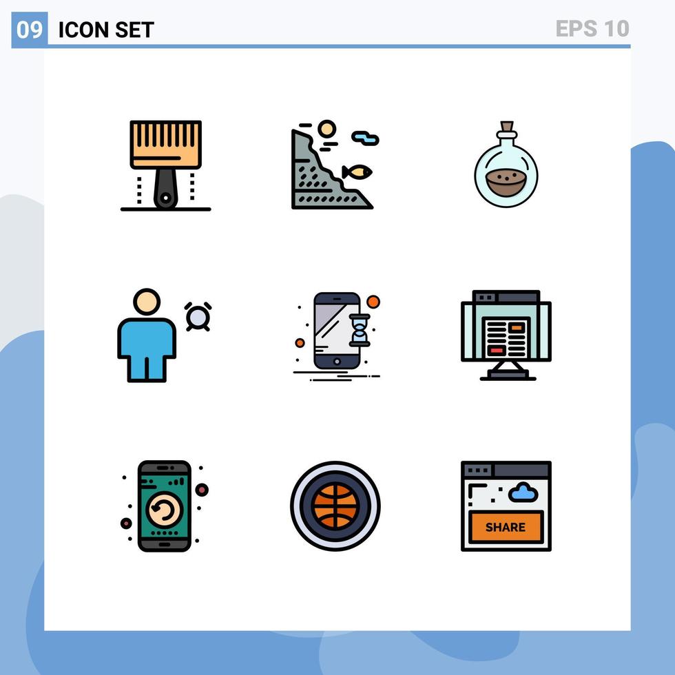 9 fylld linje platt Färg begrepp för webbplatser mobil och appar mänsklig avatar sten larm toalett redigerbar vektor design element