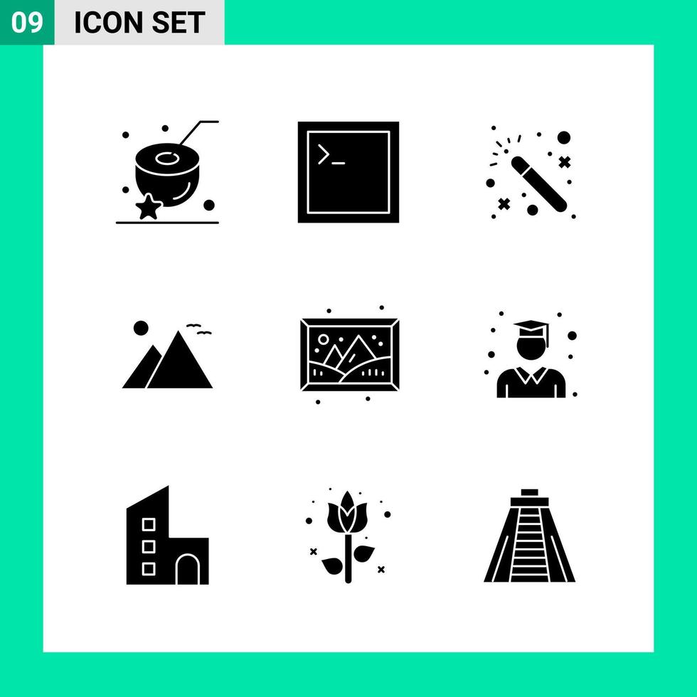 Packung mit 9 Solid Style Icon Set Glyphen-Symbolen für den Druck kreative Zeichen isoliert auf weißem Hintergrund 9 Icon Set kreativer schwarzer Icon-Vektor-Hintergrund vektor