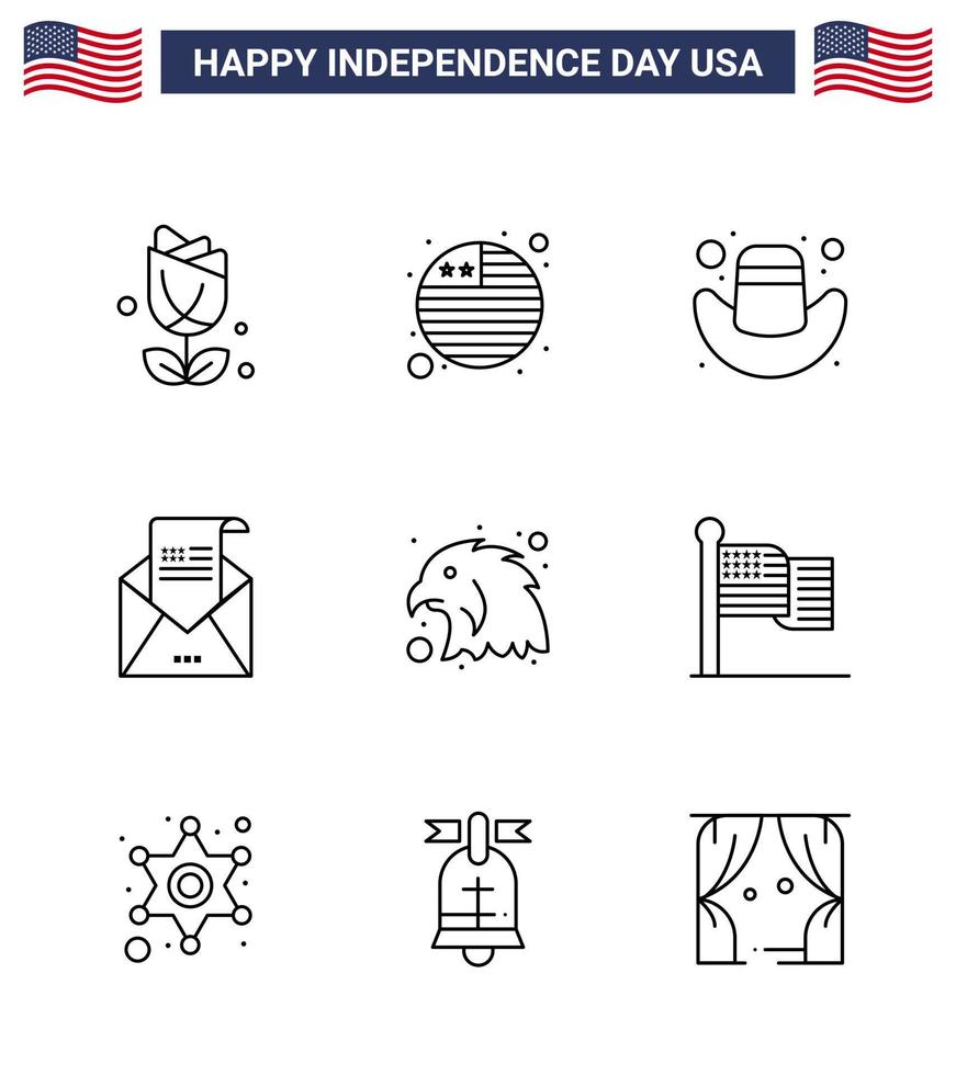 4:e juli USA Lycklig oberoende dag ikon symboler grupp av 9 modern rader av Örn djur- keps post hälsning redigerbar USA dag vektor design element