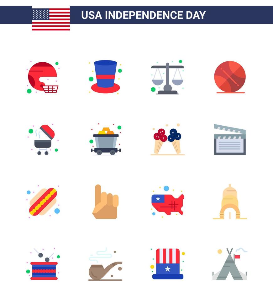 4:e juli USA Lycklig oberoende dag ikon symboler grupp av 16 modern flats av USA boll hatt backetball lag redigerbar USA dag vektor design element