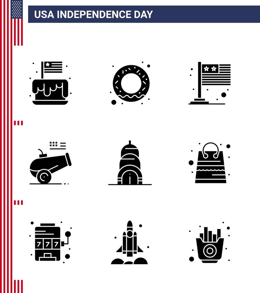 packa av 9 USA oberoende dag firande fast glyfer tecken och 4:e juli symboler sådan som byggnad murbruk Land haubits stor pistol redigerbar USA dag vektor design element