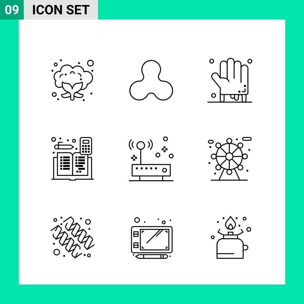 Packung mit 9 Linienstil-Icon-Set Umrisssymbolen für den Druck kreative Schilder isoliert auf weißem Hintergrund 9-Icon-Set kreativer schwarzer Icon-Vektor-Hintergrund vektor