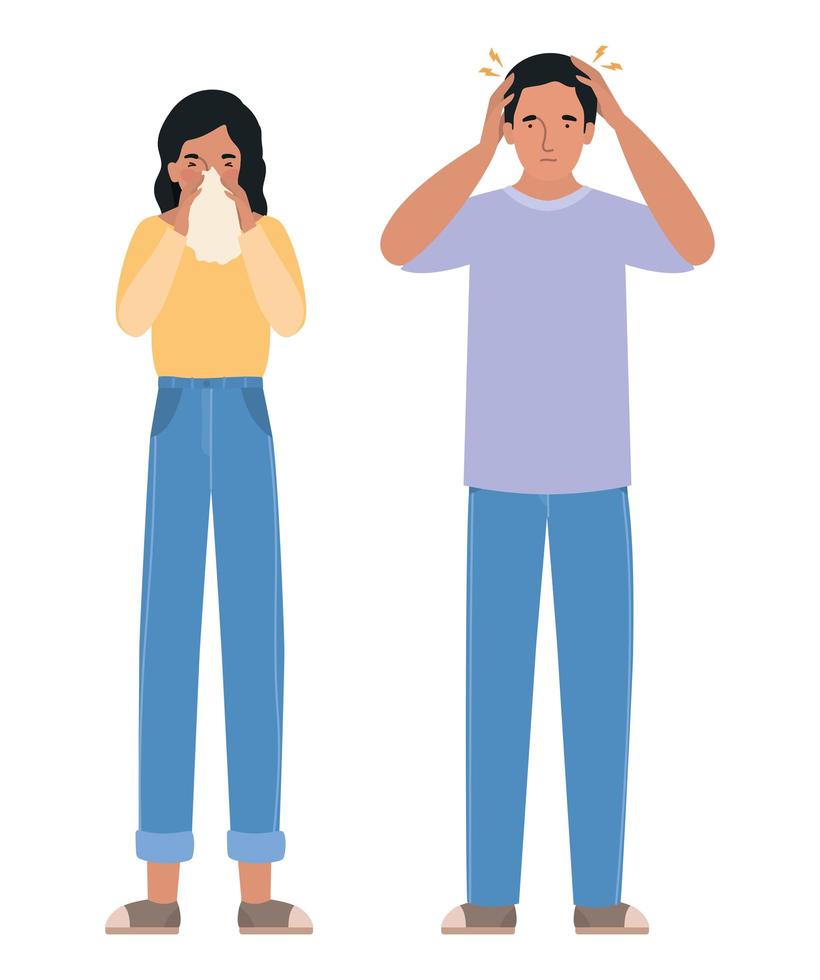 Avatar Mann und Frau mit Kopfschmerzen und Erkältung vektor