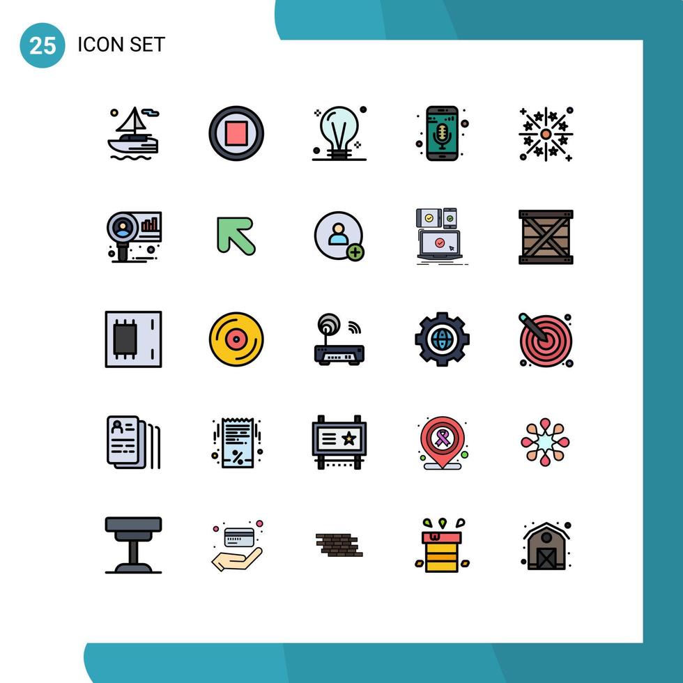25 universell fylld linje platt färger uppsättning för webb och mobil tillämpningar fyrverkeri firande kreativitet telefon inspelare mobil mic redigerbar vektor design element