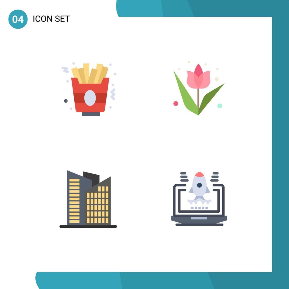 4 flaches Icon-Konzept für mobile Websites und Apps Fast-Food-Wolkenkratzer-Dekorationspflanze Rakete editierbare Vektordesign-Elemente vektor
