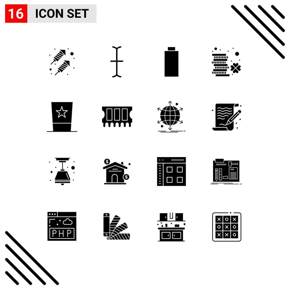universelle Symbolsymbole Gruppe von 16 modernen soliden Glyphen von Top Hat Coin Fashion Patrick editierbare Vektordesign-Elemente vektor