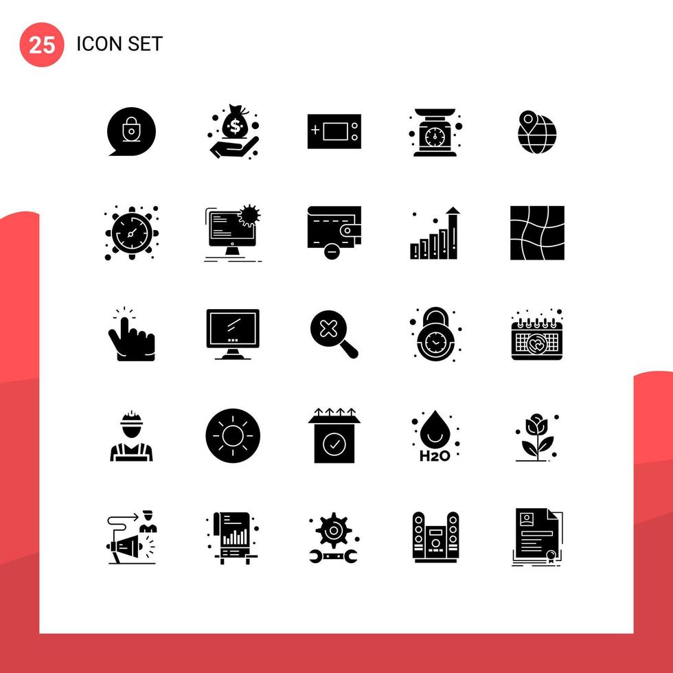 Packung mit 25 modernen Solid-Glyphen-Zeichen und -Symbolen für Web-Printmedien wie Kartenwiegeelektronik Waage Gewicht prüfen editierbare Vektordesign-Elemente vektor