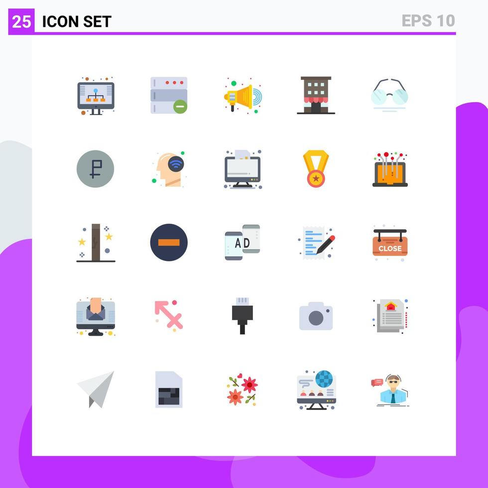 Piktogrammsatz von 25 einfachen flachen Farben von Sichtbrillen-Werbegeschäften Einzelhandel editierbare Vektordesign-Elemente vektor